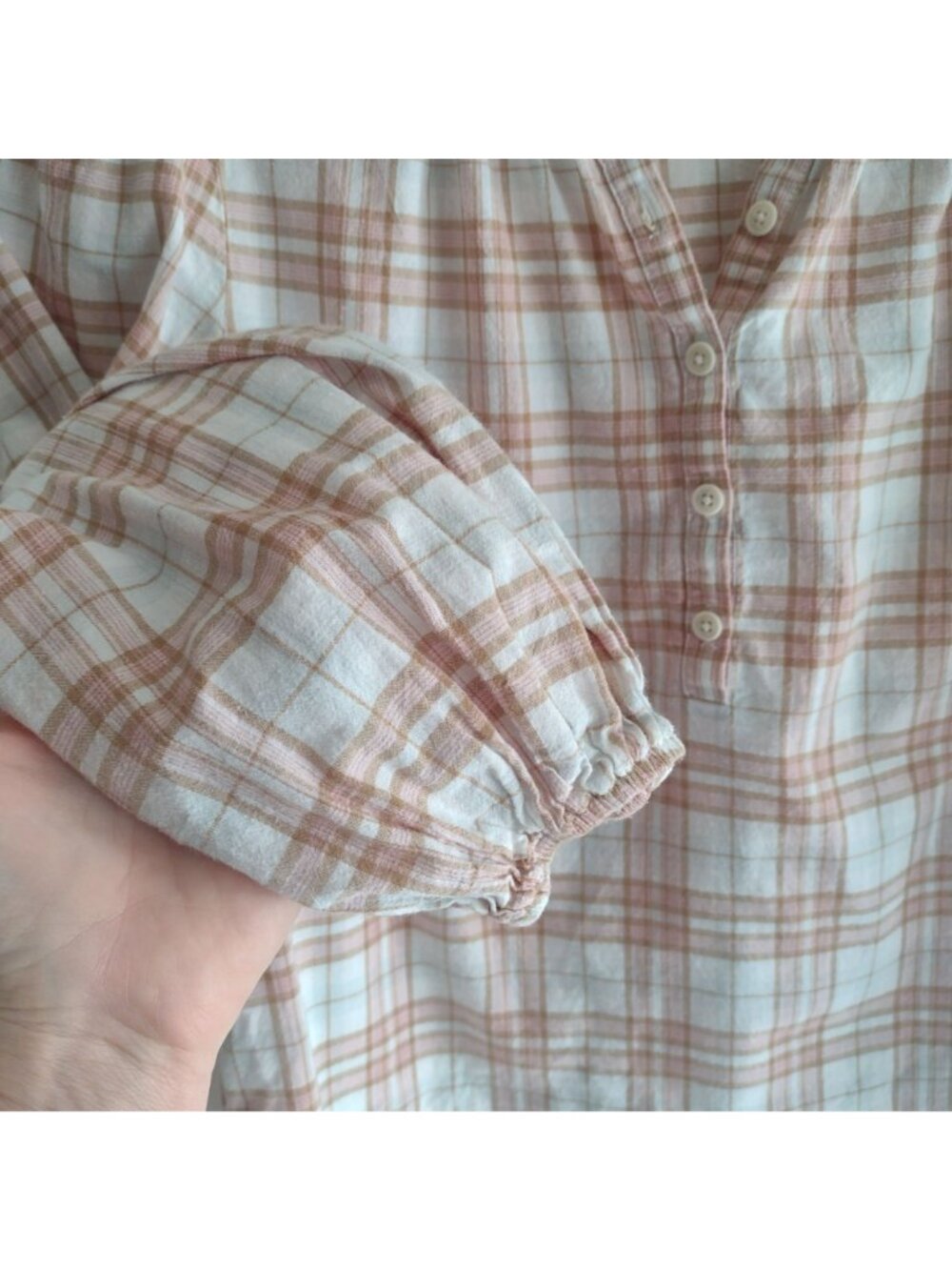 Reformation Plaid Blouse S Soft Peach Tan Light Academia Cotton Top - Picture 5 of 10